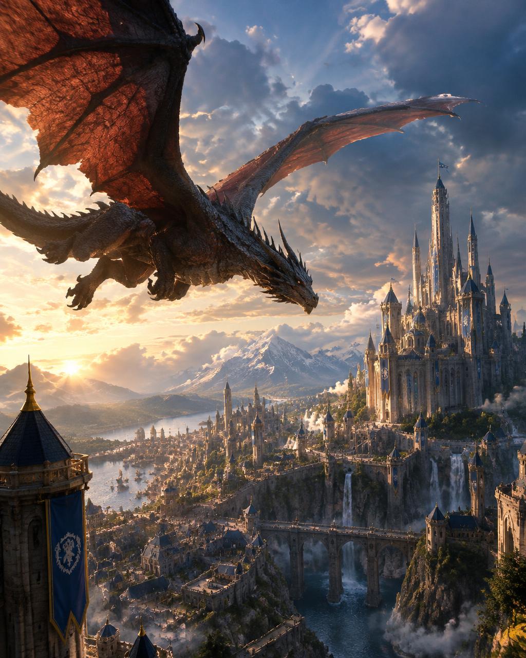 A dragon flying over a fantasy royal city
