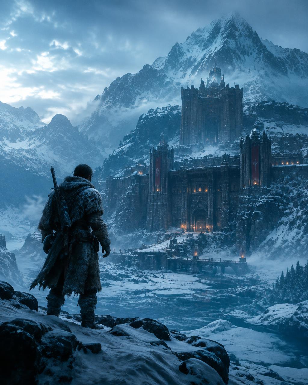 A survivor facing a fortress in a snowy valley